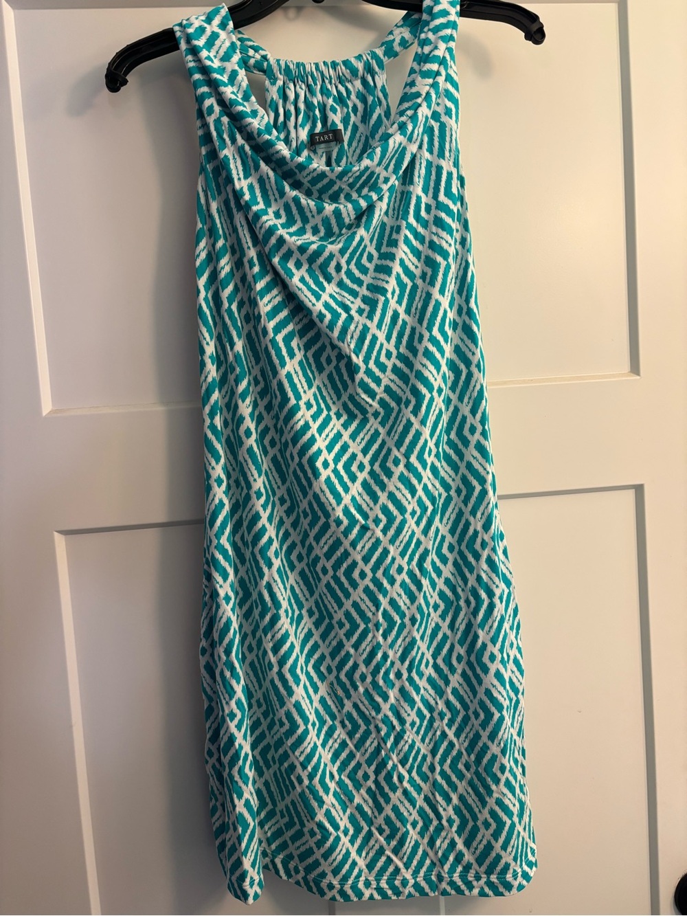 Tahari Teal and White Geometric Cowl-Neck Midi Dress M